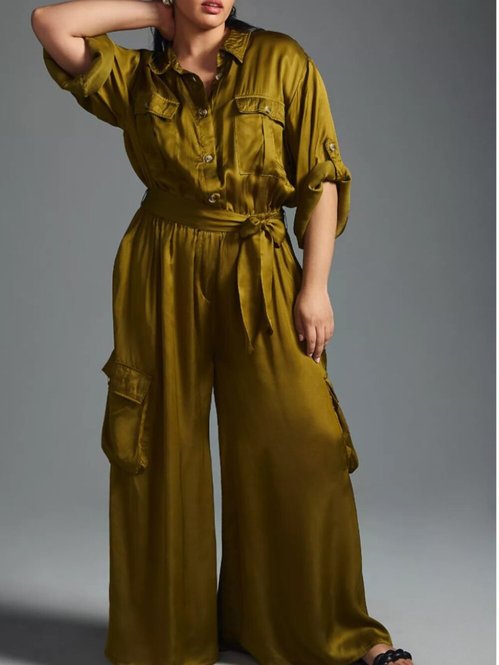 Anthropologie Plus Silky Cargo Jumpsuit (Green, 2X), - Picture 3 of 3